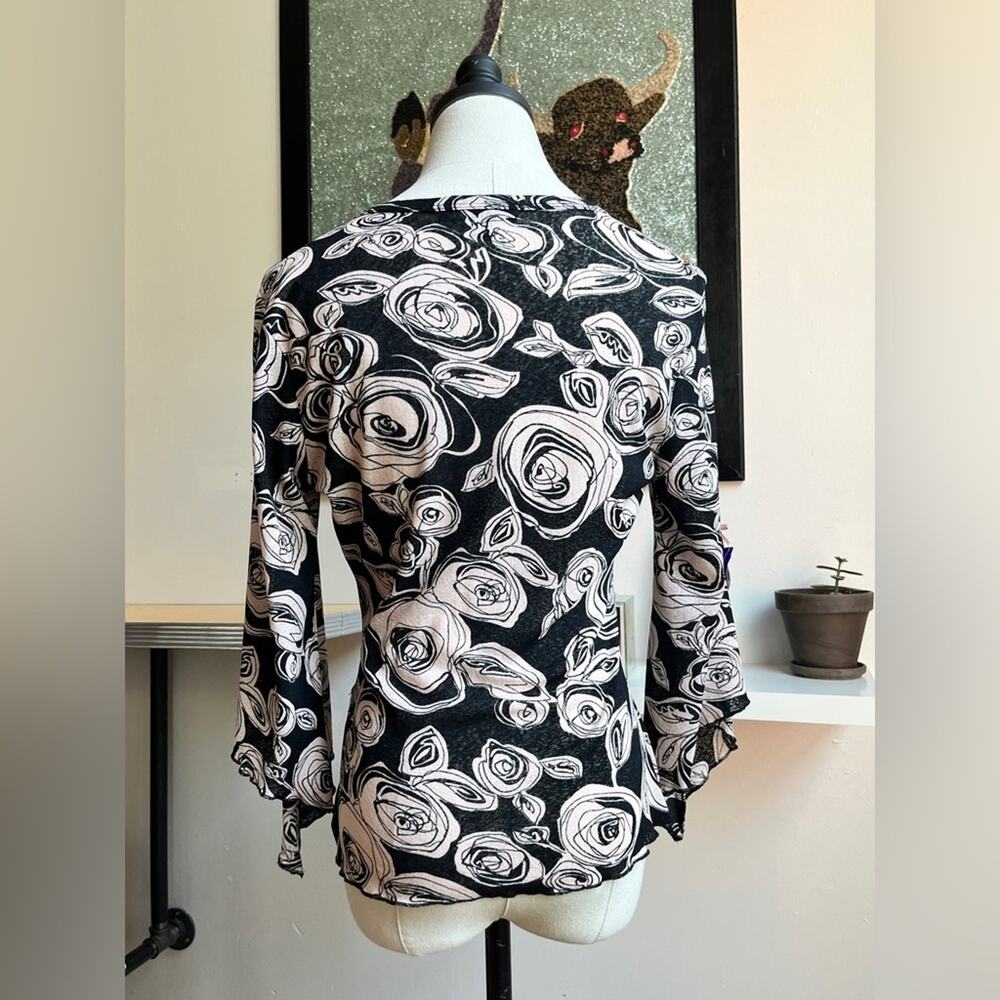 Y2K Floral Wrap Top | Pink Rose Print Mesh Blouse | Flared Sleeve | Size L - Picture 5 of 9